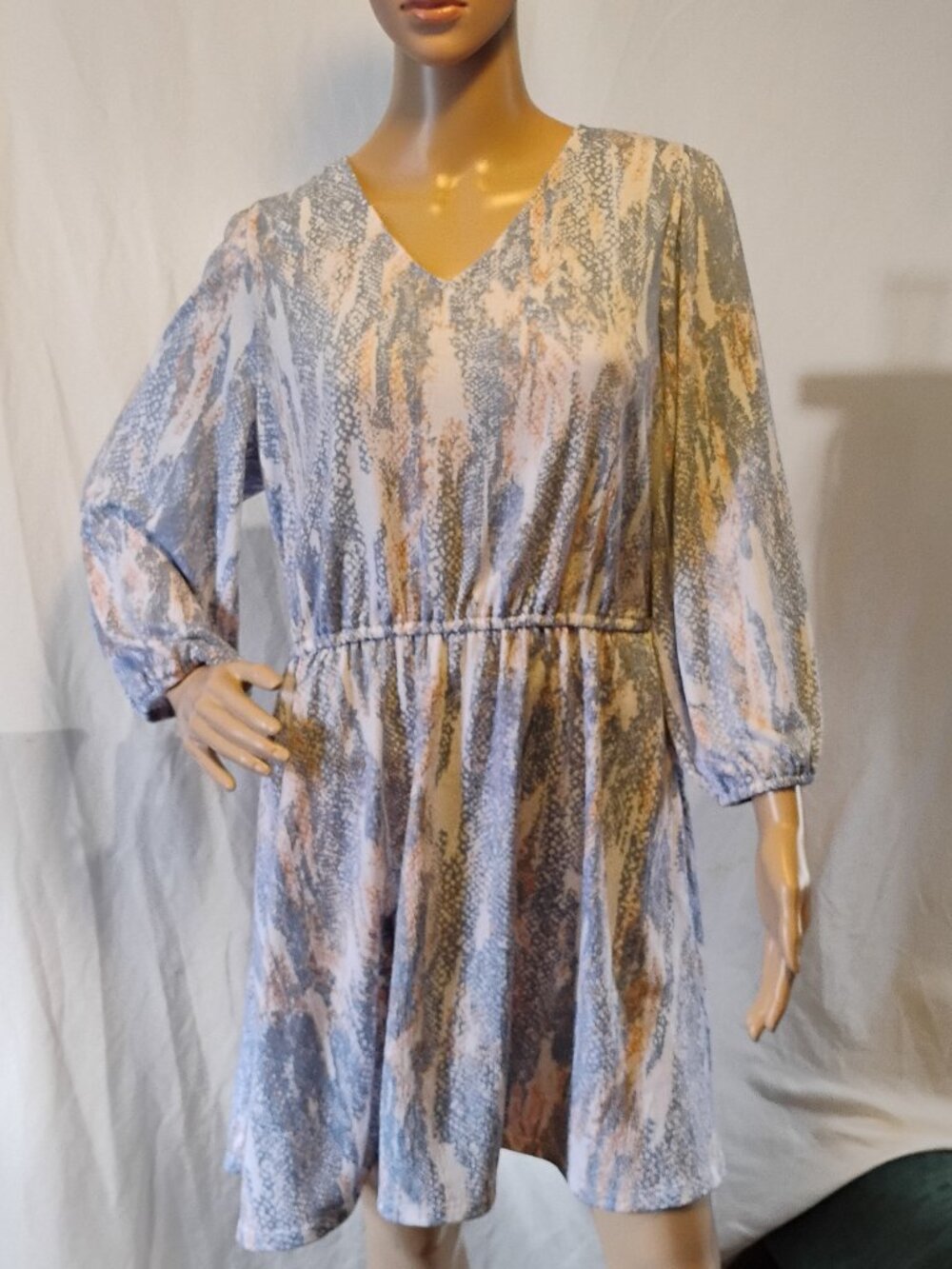 Nine West | Blue Orange & White Print Dress | Large | Elastic Waist | Like New